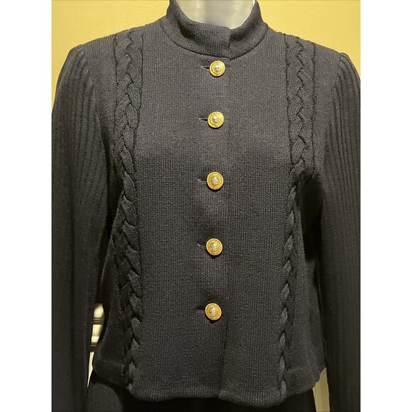 Vtg St John 2pc Skirt Suit Navy Braided Knit, Gold Button Front Jacket Size 0/2 - Picture 2 of 16